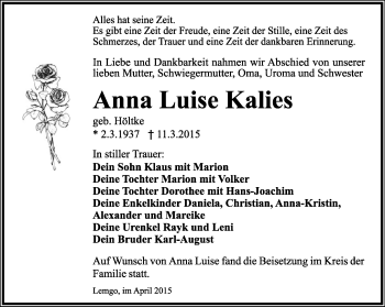 Anzeige  Anna Luise Kalies  Lippische Landes-Zeitung