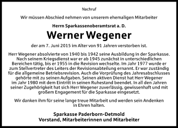 Anzeige  Werner Wegener  Lippische Landes-Zeitung