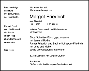 Anzeige  Margot Friedrich  Lippische Landes-Zeitung
