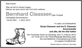 Anzeige  Bernhard Claassen  Lippische Landes-Zeitung