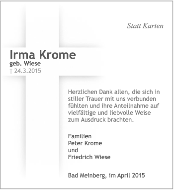 Anzeige  Irma Krome  Lippische Landes-Zeitung