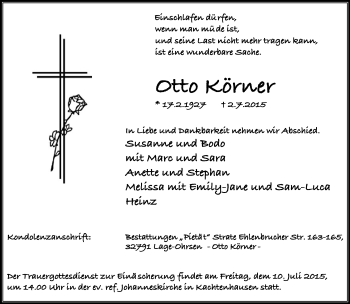 Anzeige  Otto Körner  Lippische Landes-Zeitung