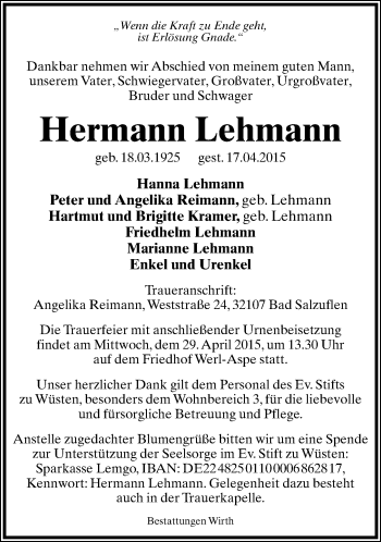 Anzeige  Hermann Lehmann  Lippische Landes-Zeitung