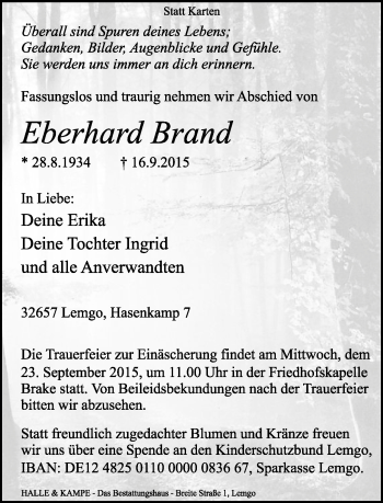 Anzeige  Eberhard Brand  Lippische Landes-Zeitung