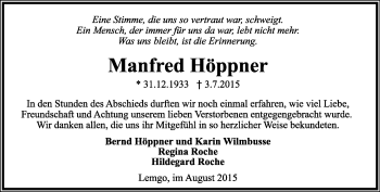 Anzeige  Manfred Höppner  Lippische Landes-Zeitung