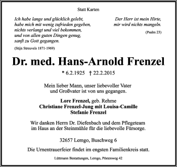 Anzeige  Hans-Arnold Frenzel  Lippische Landes-Zeitung