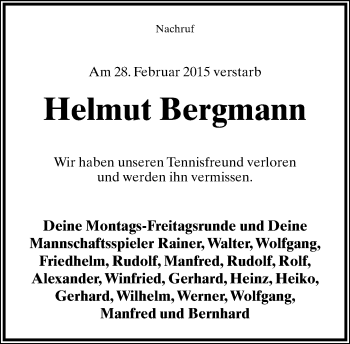 Anzeige  Helmut Bergmann  Lippische Landes-Zeitung