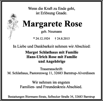 Anzeige  Margarete Rose  Lippische Landes-Zeitung