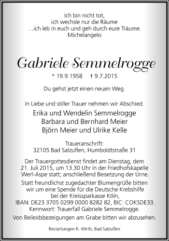 Anzeige  Gabriele Semmelrogge  Lippische Landes-Zeitung