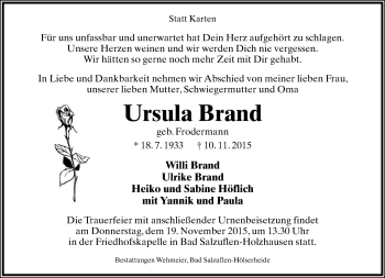 Anzeige  Ursula Brand  Lippische Landes-Zeitung