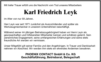 Anzeige  Karl Friedrich Leyk  Lippische Landes-Zeitung