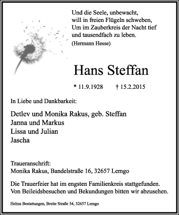 Anzeige  Hans Steffan  Lippische Landes-Zeitung