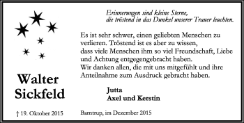 Anzeige  Walter Sickfeld  Lippische Landes-Zeitung