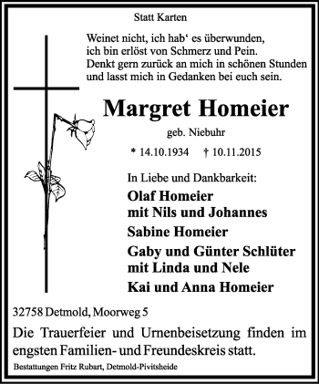 Anzeige  Margret Homeier  Lippische Landes-Zeitung