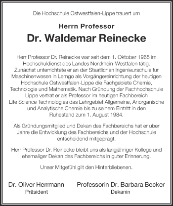 Anzeige  Waldemar Reinecke  Lippische Landes-Zeitung