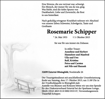 Anzeige  Rosemarie Schipper  Lippische Landes-Zeitung