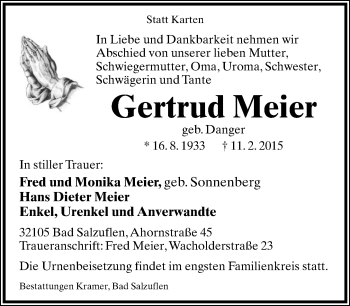 Anzeige  Gertrud Meier  Lippische Landes-Zeitung