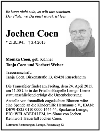 Anzeige  Jochen Coen  Lippische Landes-Zeitung