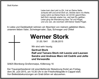 Anzeige  Werner Stork  Lippische Landes-Zeitung