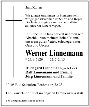 Anzeige  Werner Linnemann  Lippische Landes-Zeitung