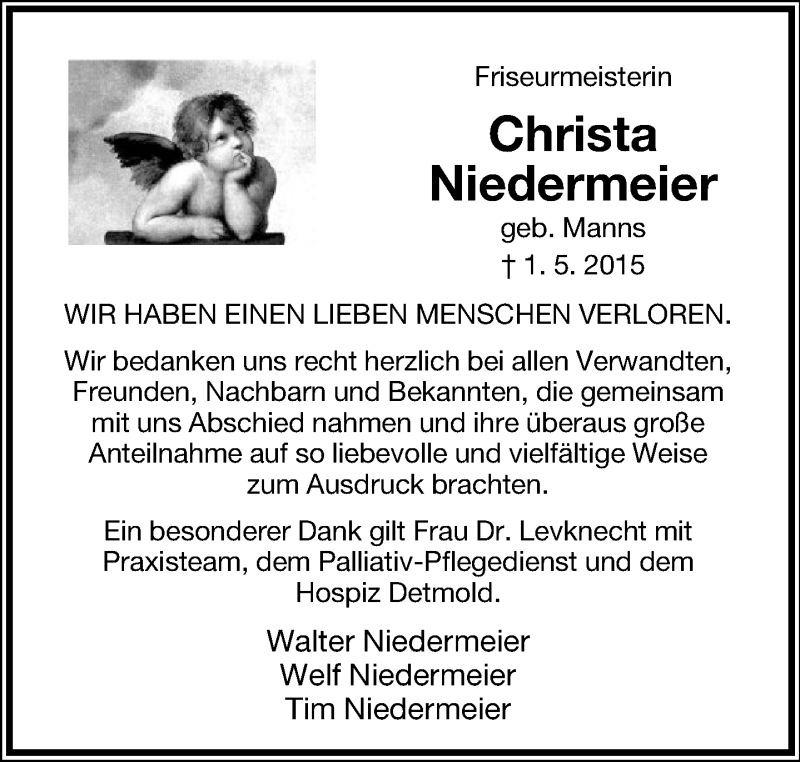  Traueranzeige für Christa Niedermeier vom 23.05.2015 aus Lippische Landes-Zeitung