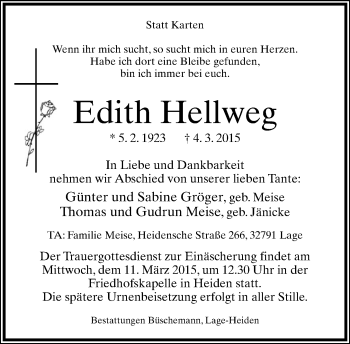 Anzeige  Edith Hellweg  Lippische Landes-Zeitung