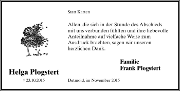 Anzeige  Helga Plogstert  Lippische Landes-Zeitung