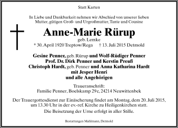 Anzeige  Anne-Marie Rürup  Lippische Landes-Zeitung