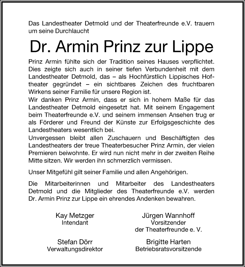  Traueranzeige für Armin Prinz zur Lippe vom 25.08.2015 aus Lippische Landes-Zeitung