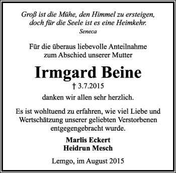 Anzeige  Irmgard Beine  Lippische Landes-Zeitung