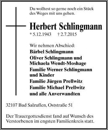 Anzeige  Herbert Schlingmann  Lippische Landes-Zeitung