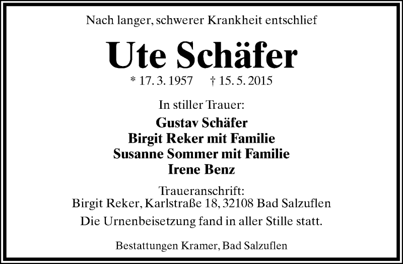  Traueranzeige für Ute Schäfer vom 30.05.2015 aus Lippische Landes-Zeitung