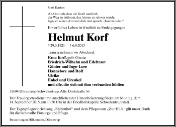 Anzeige  Helmut Korf  Lippische Landes-Zeitung