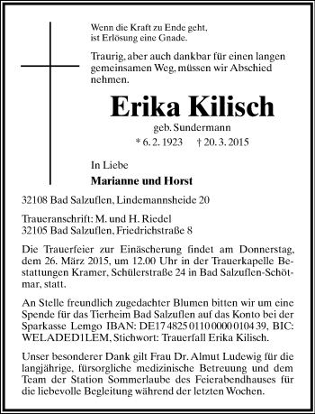 Anzeige  Erika Kilisch  Lippische Landes-Zeitung
