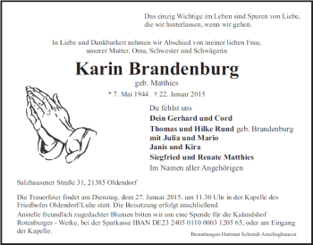 Anzeige  Karin Brandenburg  Lippische Zeitung