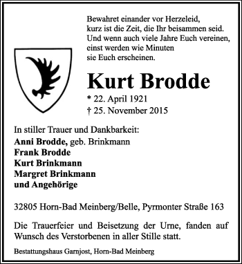 Anzeige  Kurt Brodde  Lippische Landes-Zeitung