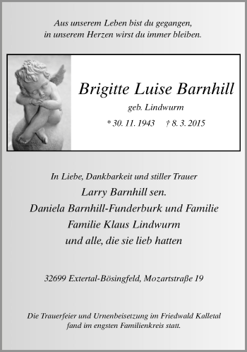 Anzeige  Brigitte Luise Barnhill  Lippische Landes-Zeitung