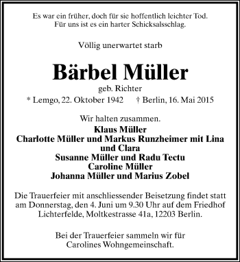 Anzeige  Bärbel Müller  Lippische Landes-Zeitung