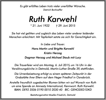 Anzeige  Ruth Karwehl  Lippische Landes-Zeitung