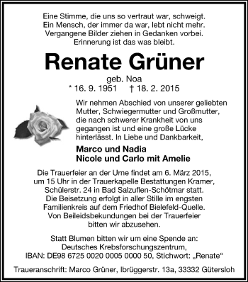Anzeige  Renate Grüner  Lippische Landes-Zeitung