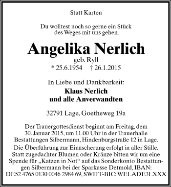 Anzeige  Angelika Nerlich  Lippische Landes-Zeitung