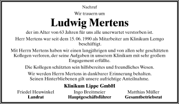 Anzeige  Ludwig Mertens  Lippische Landes-Zeitung