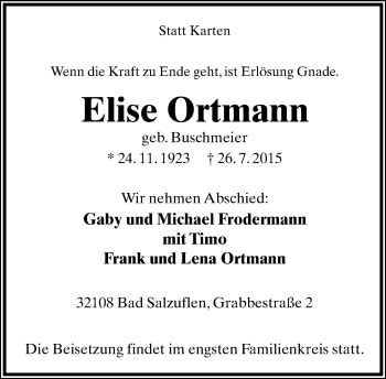 Anzeige  Elise Ortmann  Lippische Landes-Zeitung
