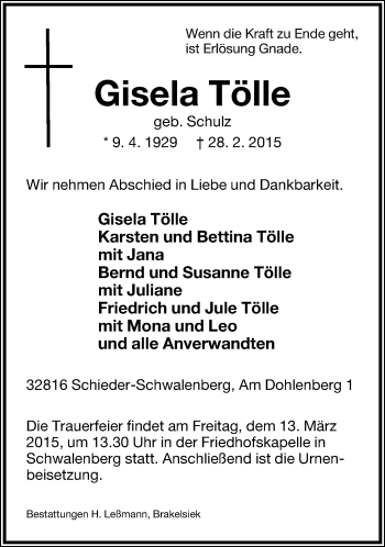 Anzeige  Gisela Tölle  Lippische Landes-Zeitung
