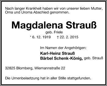 Anzeige  Magdalena Strauß  Lippische Landes-Zeitung