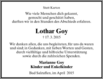 Anzeige  Lothar Goy  Lippische Landes-Zeitung