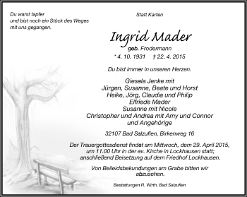 Anzeige  Ingrid Mader  Lippische Landes-Zeitung