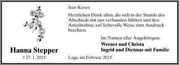 Anzeige  Hanna Stepper  Lippische Landes-Zeitung