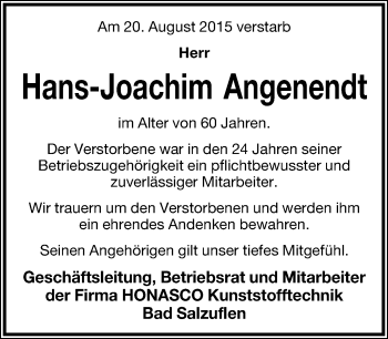 Anzeige  Hans-Joachim Angenendt  Lippische Landes-Zeitung