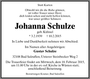 Anzeige  Johanna Schulze  Lippische Landes-Zeitung